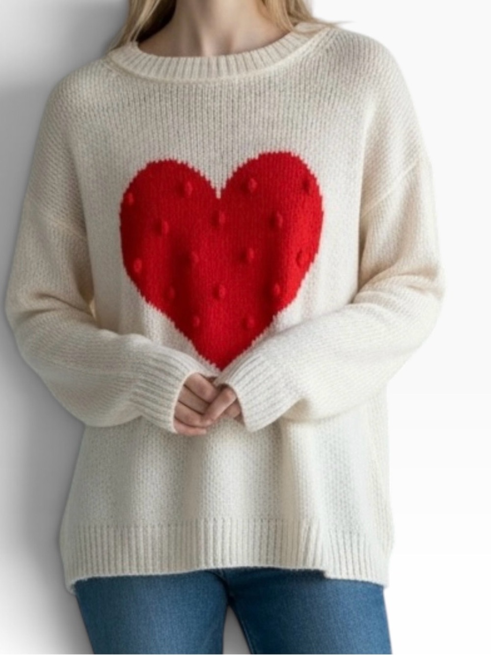 WOODEN SHIPS Cream W/Red Heart Wool/Mohair Blend Oversized Pullover Sweater S/M